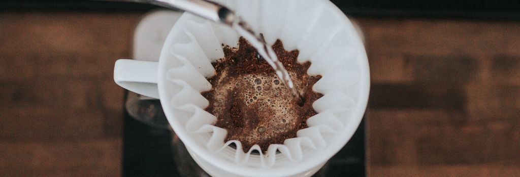 pouring water into bed of coffee grounds